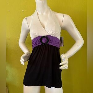 White, Purple, and Black Halter Top
